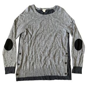 J. Crew Wool Blend Sweater Sz M‎ Gray Black Elbow Patches Two Tone Side Button